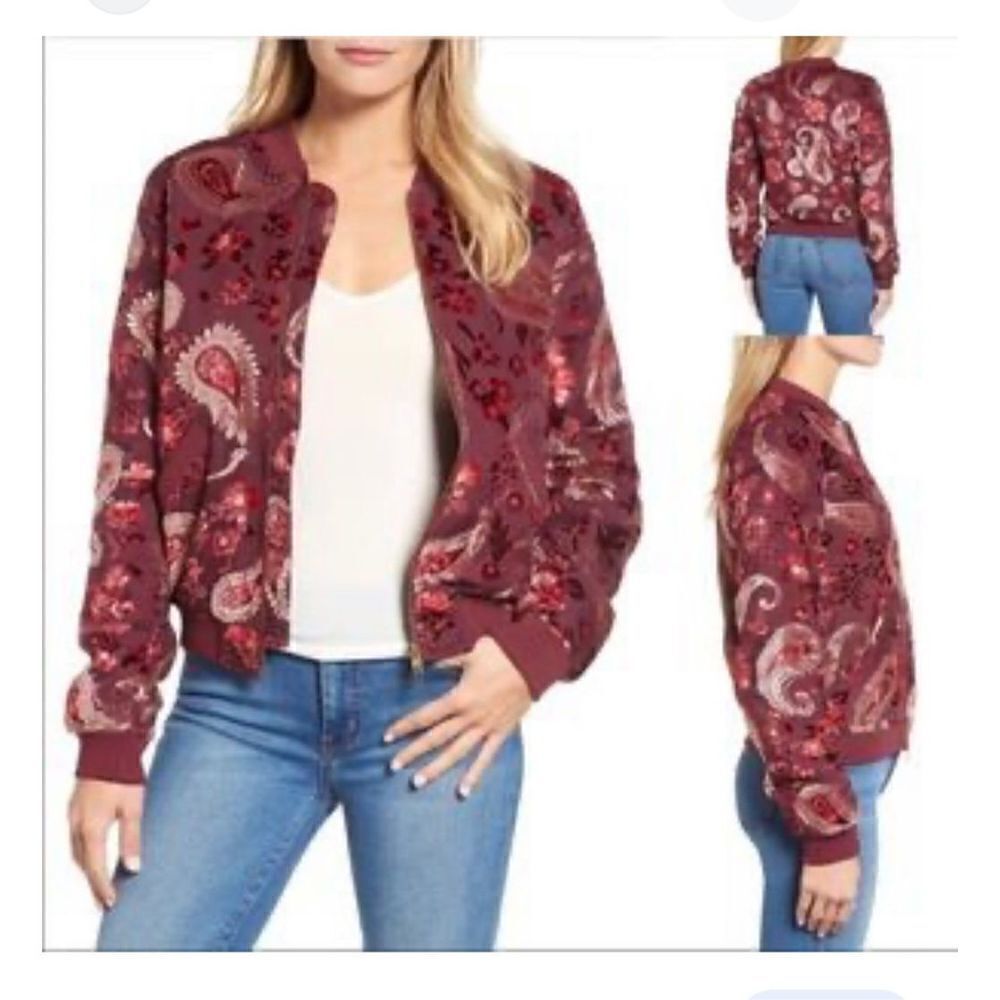 KAS New York Burgundy Velvet Paisley Ashlyn Burnout Bomber Jacket Size XS